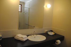 a bathroom with a sink and a shower and a mirror at Grange Burn Motel in Hamilton