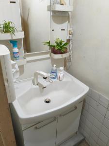 a bathroom with a white sink and a mirror at Guest House Aki in Nichinan