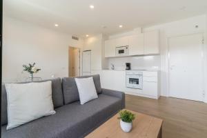 a living room with a gray couch and a kitchen at Adhara lll in Torre del Mar