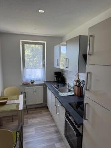 a kitchen with a black counter top and a refrigerator at Fewo Am Poetenteich in Jänkendorf
