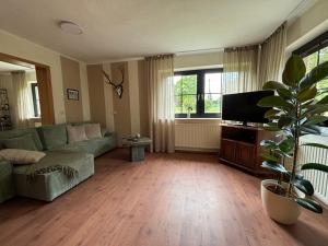 a living room with a green couch and a flat screen tv at Ferienhaus Eichenallee in Massow +2 photos