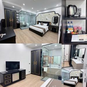 a collage of four pictures of a hotel room at Riverside Hotel in Kỳ Vĩ
