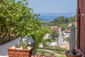 a balcony with plants and a view of the ocean at Halkidiki Sunhouse in Paliouri