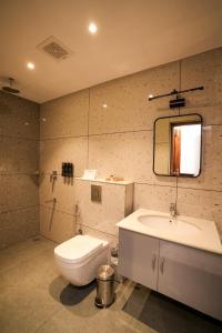 a bathroom with a toilet and a sink and a mirror at Le Mont Lagoon Home Stay in Cochin +27 photos