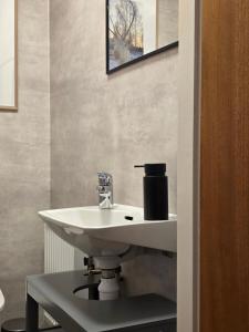 a bathroom with a white sink and a mirror at Villa Edda in Vidsel +91 photos