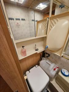 a small bathroom with a toilet and a sink at Full Service Caravan 2 in Gentofte