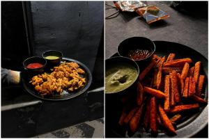 two pictures of a plate of food with carrots and dip at Atithi Farms - 4 BHK Farm Villa with Private Pool in Thūr +13 photos