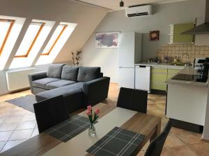 a living room with a couch and a table at Kincs apartman in Győr