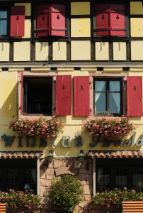 a building with red shuttered windows and flower boxes at Hôtel Arnold in Itterswiller