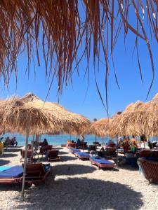 a beach with chairs and straw umbrellas and the ocean at Vila Rei in Borsh