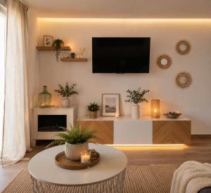 a living room with a flat screen tv on a wall at Sea View Colony Club in Puerto del Carmen