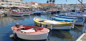 a group of boats docked in a harbor at 27m with terrace - first row sea view in Six-Fours-les-Plages