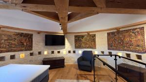 a room with a bed and a tv and a chair at Colombier de Scandaillac in Saint-Eutrope-de-Born