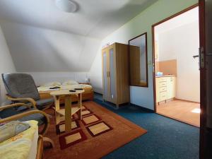 a room with a bed and a table and a mirror at Penzion Pomněnka in Lipova Lazne