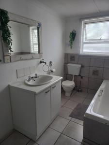 a bathroom with a sink and a toilet and a mirror at Arniston Cottage in Arniston +15 photos