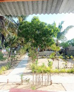 a garden with palm trees and a sidewalk at FR Resort in Pottuvil