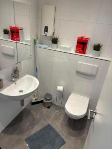 a white bathroom with a toilet and a sink at Appartement-Koblenz in Koblenz