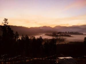 a view of a foggy valley with the sun setting at Apm resort kodai in Kodaikānāl +18 photos