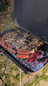 a grill with hot dogs and carrots on it at Camping BORA in Cërrik