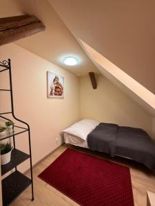 a small bedroom with a bed and a red rug at Willa przy Czarnej Bramie in Kłodzko