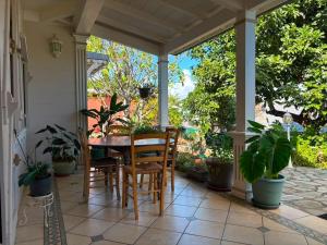 a porch with a table and chairs and potted plants at La maison du Ruisseau in Saint-Louis