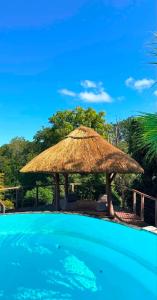 a large straw umbrella next to a swimming pool at La maison du Ruisseau in Saint-Louis