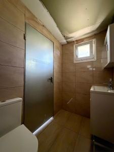 a bathroom with a shower and a toilet and a window at Sea view Kastri in Nei Poroi +6 photos