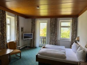 a hotel room with a bed and a television at Das Alpina in Bad Reichenhall