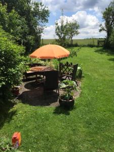 a picnic table with an umbrella in the grass at Apartment with a view in Upflamör in Zwiefalten