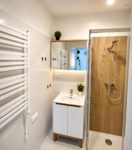 a bathroom with a shower and a sink and a toilet at Brajnickie Zacisze in Brajniki +26 photos