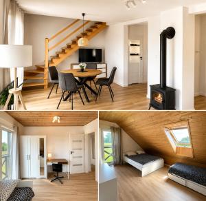 a living room and dining room with a wood stove at Brajnickie Zacisze in Brajniki