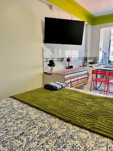 a living room with a large green rug and a flat screen tv at Alojamiento en SICUANI in Sicuani