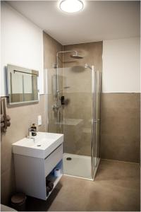 a bathroom with a shower and a white sink at Pension Malia in Fronhausen +15 photos