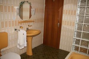 a bathroom with a sink and a mirror at Haus Luise Weber in Hilders +21 photos