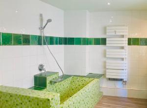 a bathroom with green and white tiles and a shower at Le Bel Angle in Arles