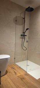 eine Glasdusche in einem Badezimmer mit Toilette in der Unterkunft XIA Hotel Boutique in Rialp