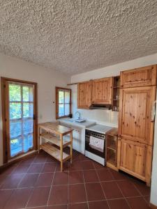 a kitchen with wooden cabinets and a table in it at Il Posticino del Lago di Como in Esino Lario