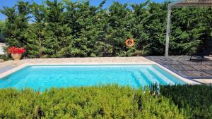 a swimming pool in a yard with trees and a pumpkin at Ponderosa Kefalonia in Lixouri