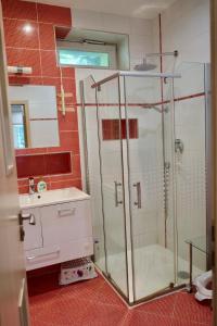 a bathroom with a glass shower and a sink at Apartment Vilém in Janske Lazne