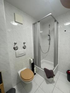 a white bathroom with a shower and a toilet at Apartment Alex in Pirna