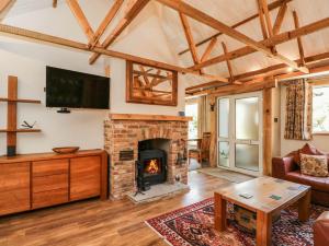 a living room with a fireplace and a tv at Little Orchard in Swallowcliffe