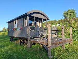 a tiny house sitting on a trailer in a field at Schäferwagen Weidetraum in Naila