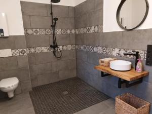 a bathroom with a shower with a toilet and a sink at Schäferwagen Weidetraum in Naila