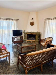 a living room filled with furniture and a fireplace at Villa Theodora 30m from the beach in Egira