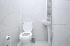 a white bathroom with a toilet and a shower at Garden Hostel 16 in Yerevan +14 photos