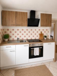a kitchen with a sink and a stove at Danube Lodge in Hüfingen