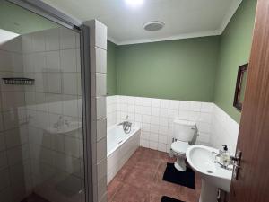 a bathroom with a shower and a toilet and a sink at Kalahari Hotel in Olifantshoek