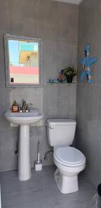 a bathroom with a white toilet and a sink at Armonia Rosada in Cabo Rojo +2 photos