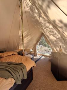 a bedroom with a tent with a bed and a table at Halden Glamping in Halden
