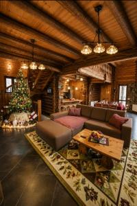 a living room with a couch and a christmas tree at Rustic Cottage in Sibiu